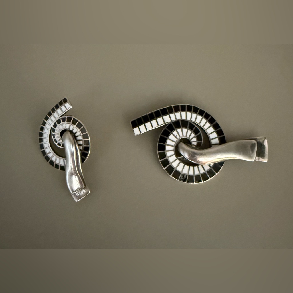 Famous Margot De Taxco Brooch White &Black Enamel & Sterlingsilver &One Earring.